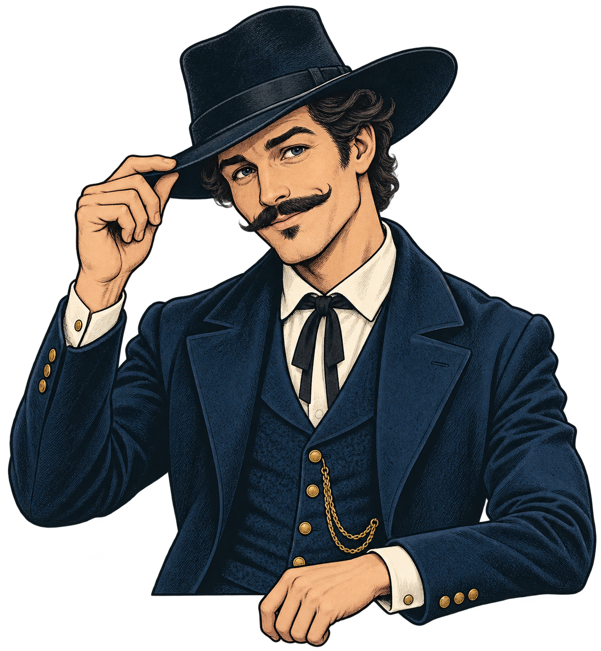 Huck, a smiling frontier gentleman with a curled moustache and blue waistcoat, tipping his hat in greeting.